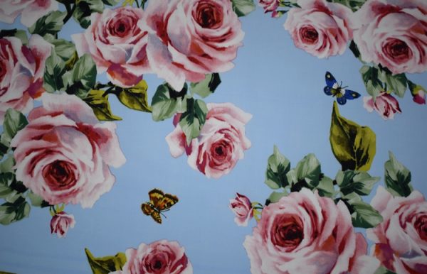 Cotton Fabric Blue Background with Rose's and Butterflies/Dress Cotton Fabric/Designer Cotton Fabric/Floral pattern cotton/Butterfly Cotton 6 ⋆