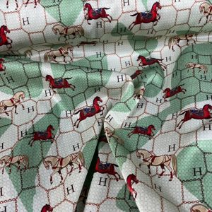 HERMES Print silk satin stretch fabric with horses Print