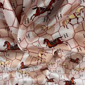 HERMES Print silk satin stretch fabric with horses Print