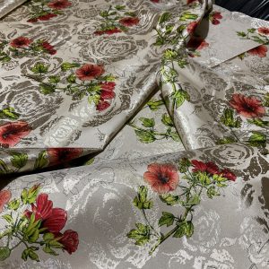 Wonderful Italian Polyester Jacquard with relief gold roses and red poppies