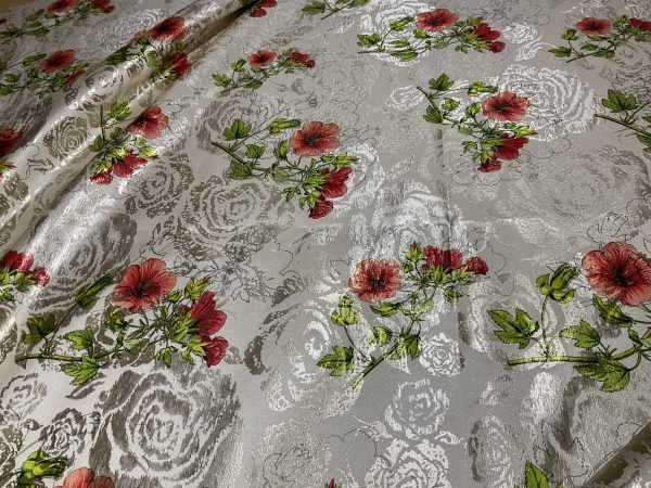 Wonderful Italian Polyester Jacquard with relief gold roses and red poppies