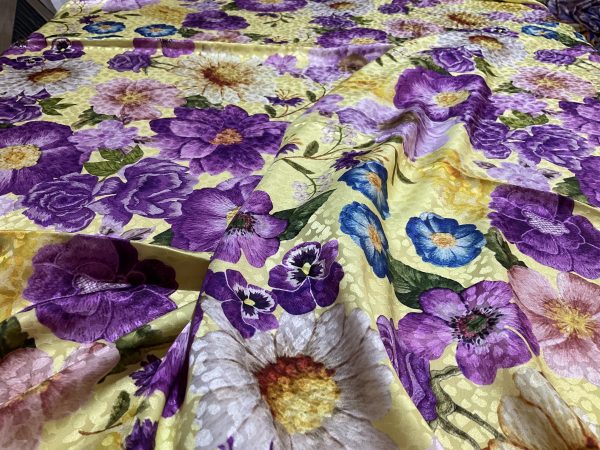 Italian Alta Moda Silk Devore yellow background with pink,lilac,purple,white flowers 2023Fashhion week collection 1 ⋆